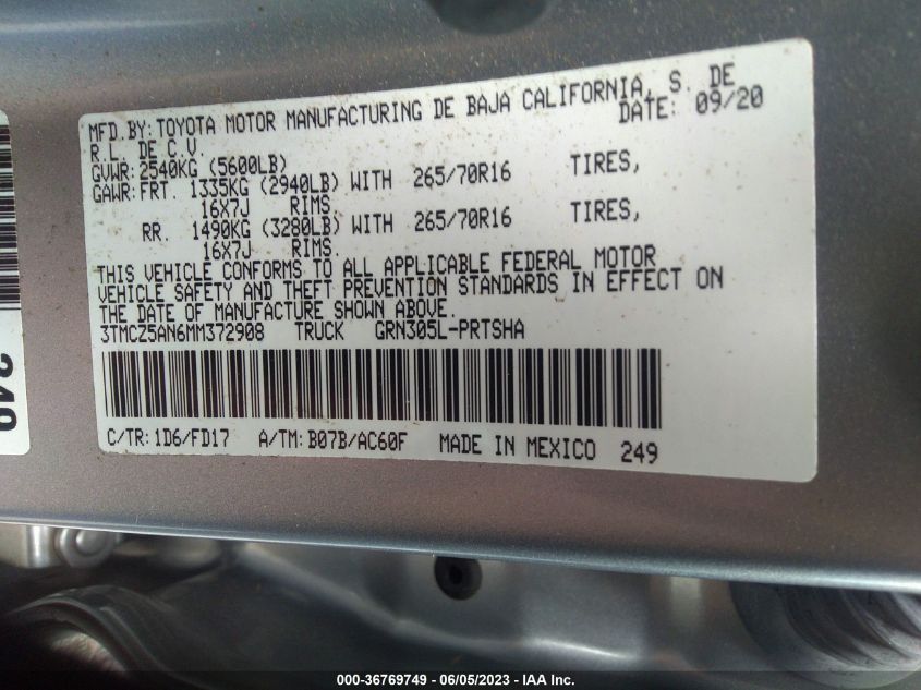 2021 TOYOTA TACOMA 4WD SR/SR5/TRD SPORT - 3TMCZ5AN6MM372908