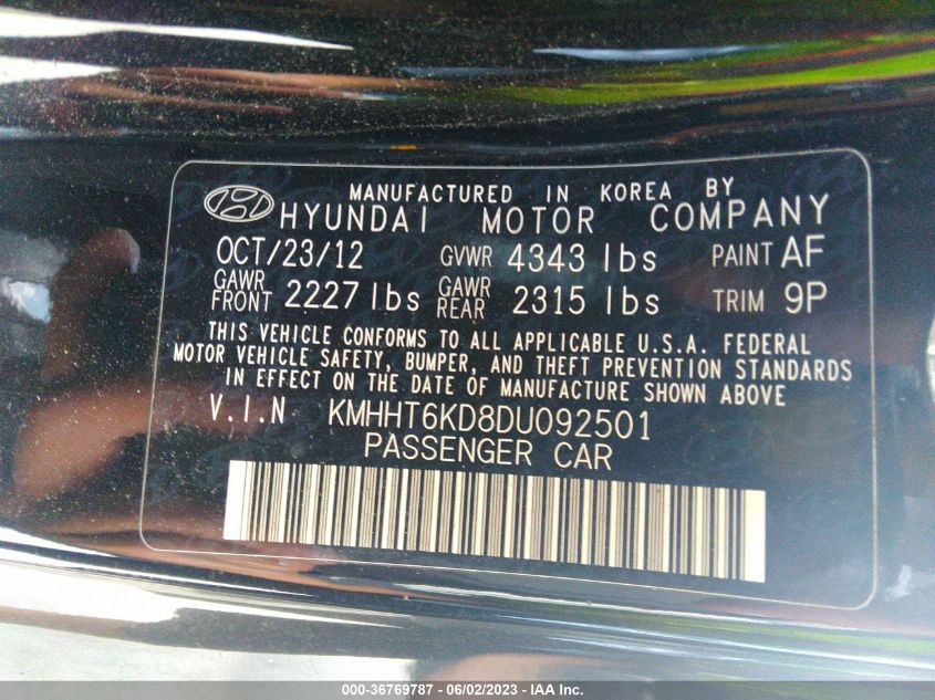 2013 HYUNDAI GENESIS COUPE 2.0T PREMIUM KMHHT6KD8DU092501