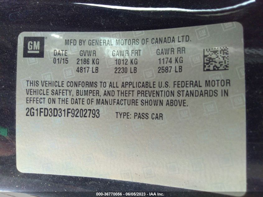 2015 CHEVROLET CAMARO LT - 2G1FD3D31F9202793