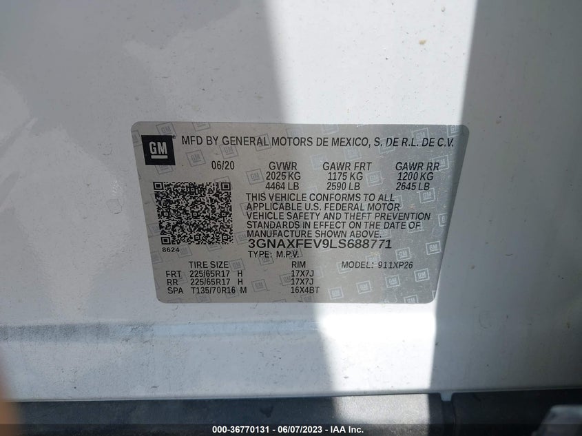 VIN 3GNAXFEV9LS688771 2020 CHEVROLET EQUINOX LS