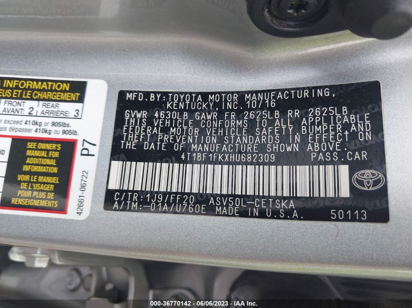 2017 TOYOTA CAMRY XLE/SE/LE/XSE - 4T1BF1FKXHU682309