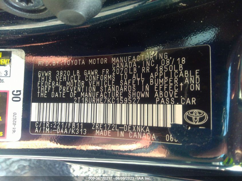 2019 TOYOTA COROLLA L/LE/SE/XLE/XSE - 2T1BURHE7KC159527