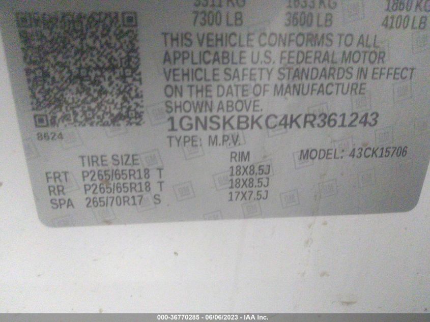 2019 CHEVROLET TAHOE K1500 LT - 1GNSKBKC4KR361243