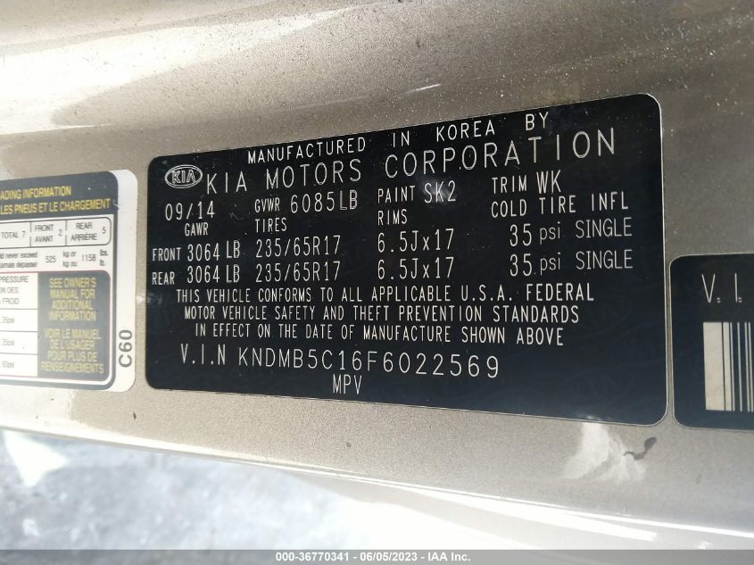 2015 KIA SEDONA LX - KNDMB5C16F6022569