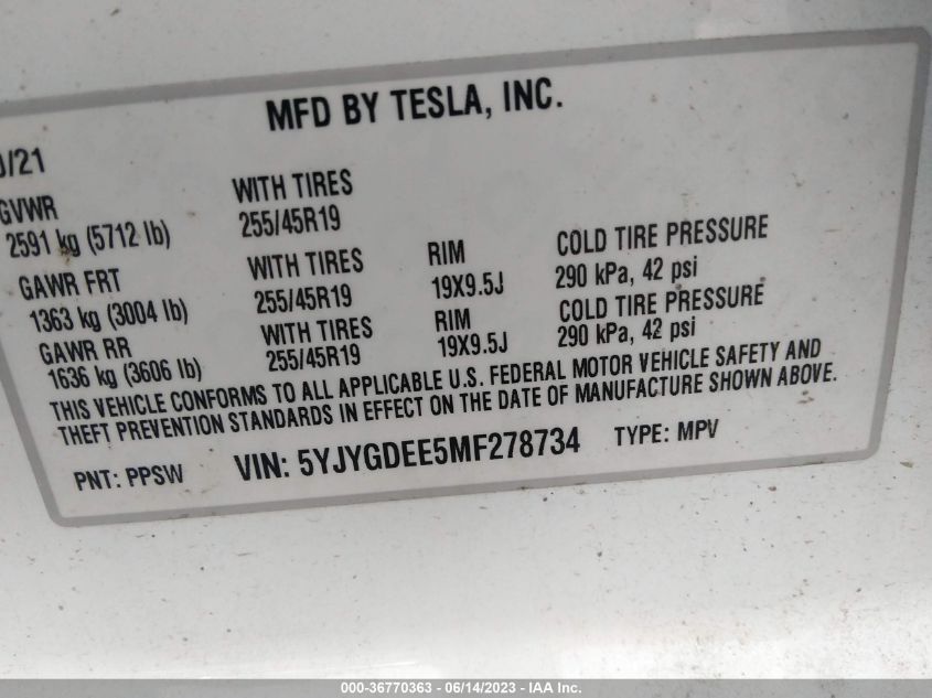 2021 TESLA MODEL Y - 5YJYGDEE5MF278734