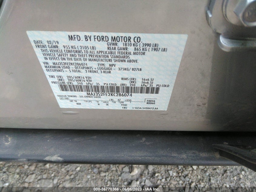 VIN MAJ3S2FE2KC286074 2019 FORD ECOSPORT S