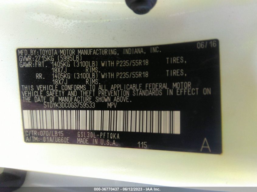 2016 TOYOTA SIENNA XLE/XLE AAS/LTD - 5TDYK3DC0GS759533