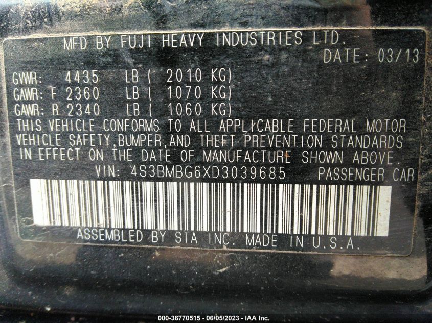 2013 SUBARU LEGACY 2.5I PREMIUM - 4S3BMBG6XD3039685