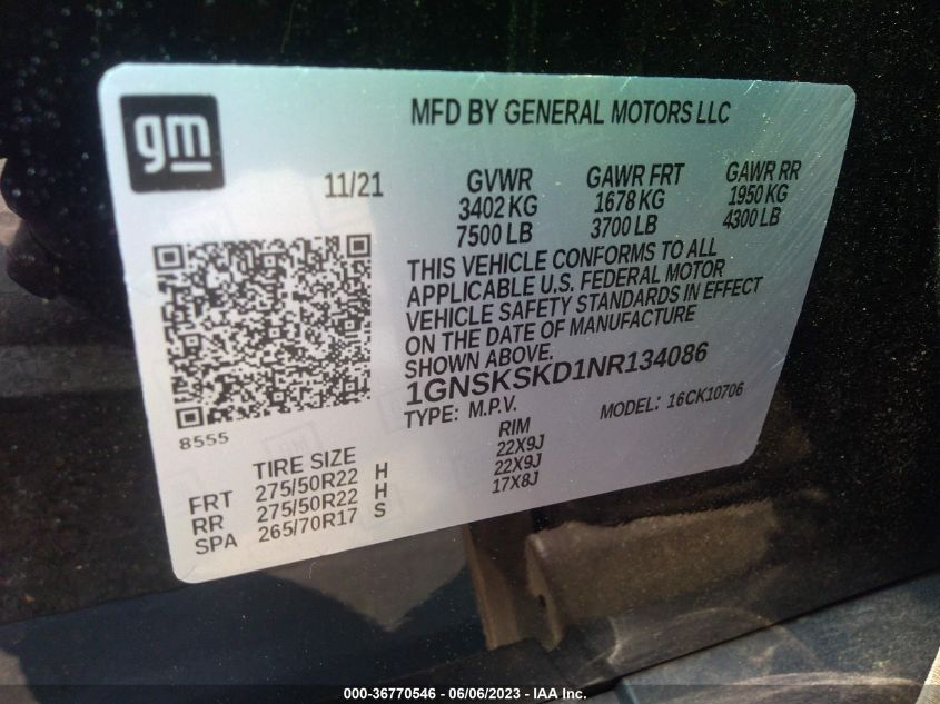 2022 CHEVROLET TAHOE K1500 PREMIER - 1GNSKSKD1NR134086