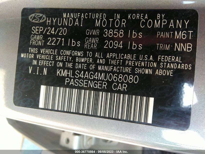 2021 HYUNDAI ELANTRA SEL - KMHLS4AG4MU068080