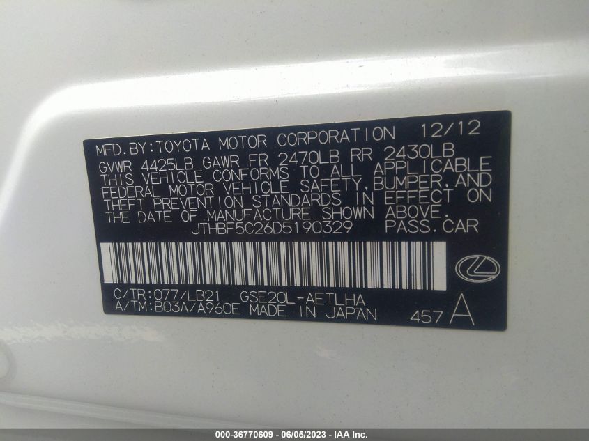 2013 LEXUS IS 250 - JTHBF5C26D5190329