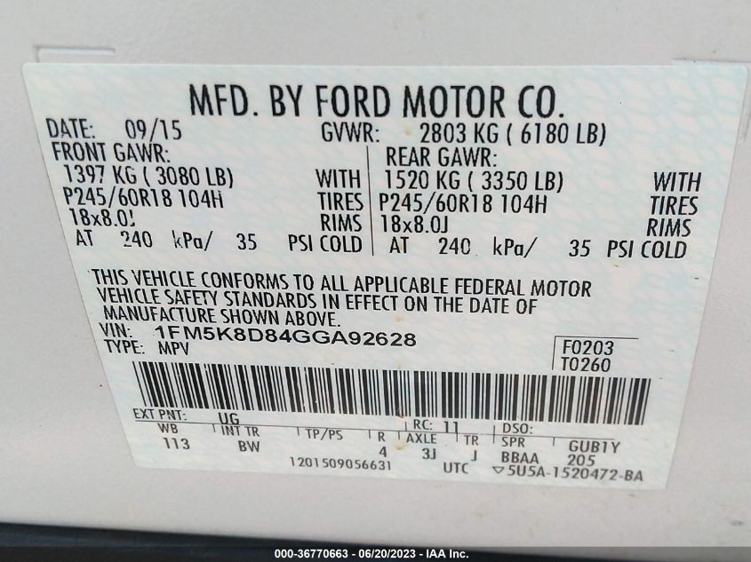 2016 FORD EXPLORER XLT - 1FM5K8D84GGA92628