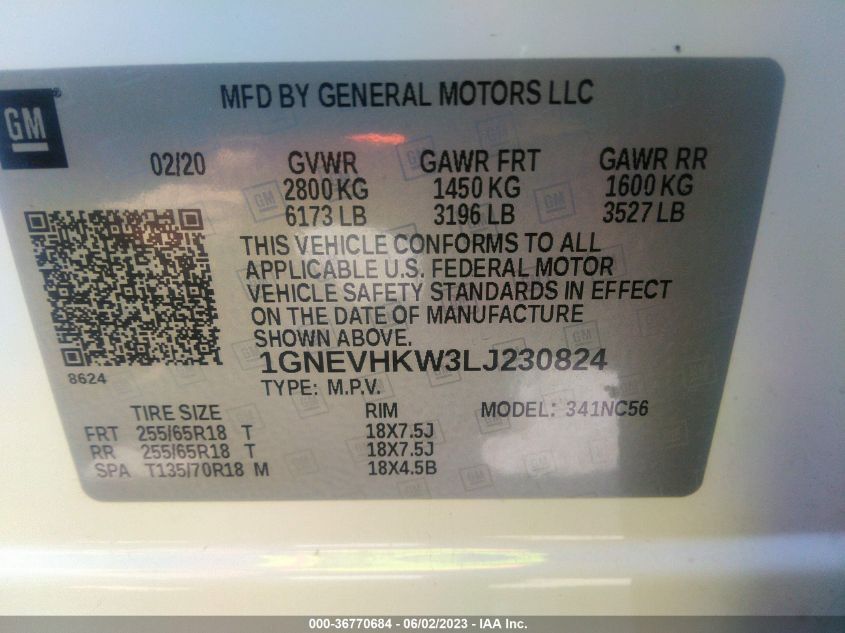 2020 CHEVROLET TRAVERSE LT LEATHER - 1GNEVHKW3LJ230824