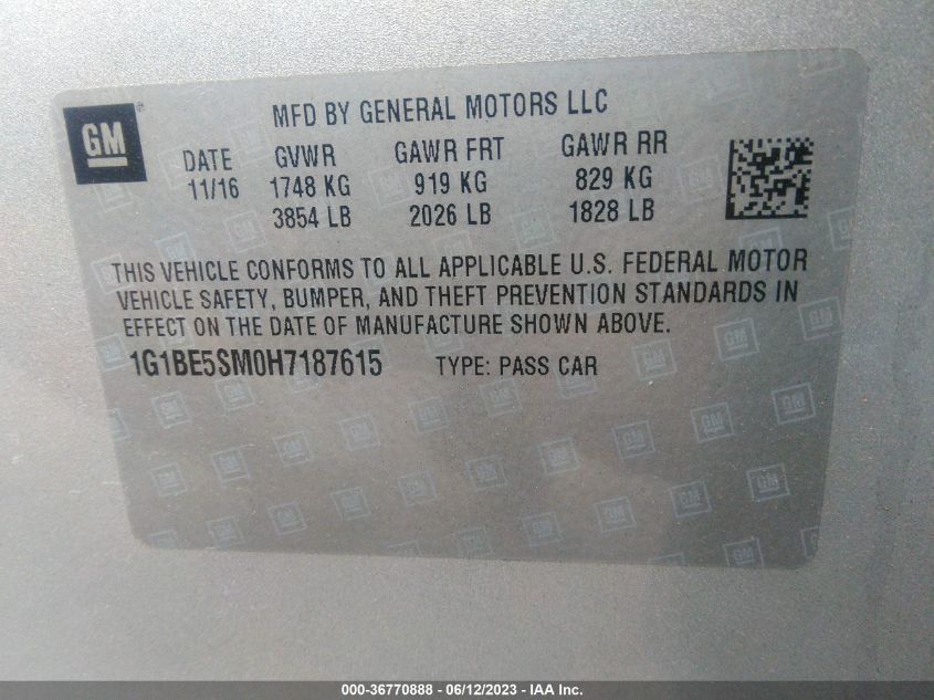 2017 CHEVROLET CRUZE LT - 1G1BE5SM0H7187615
