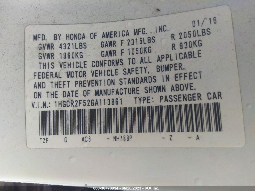 2016 HONDA ACCORD SEDAN SPORT - 1HGCR2F52GA113861