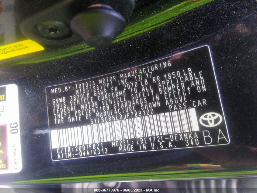 2018 TOYOTA COROLLA L/LE/XLE/SE/XSE - 5YFBURHE0JP789100