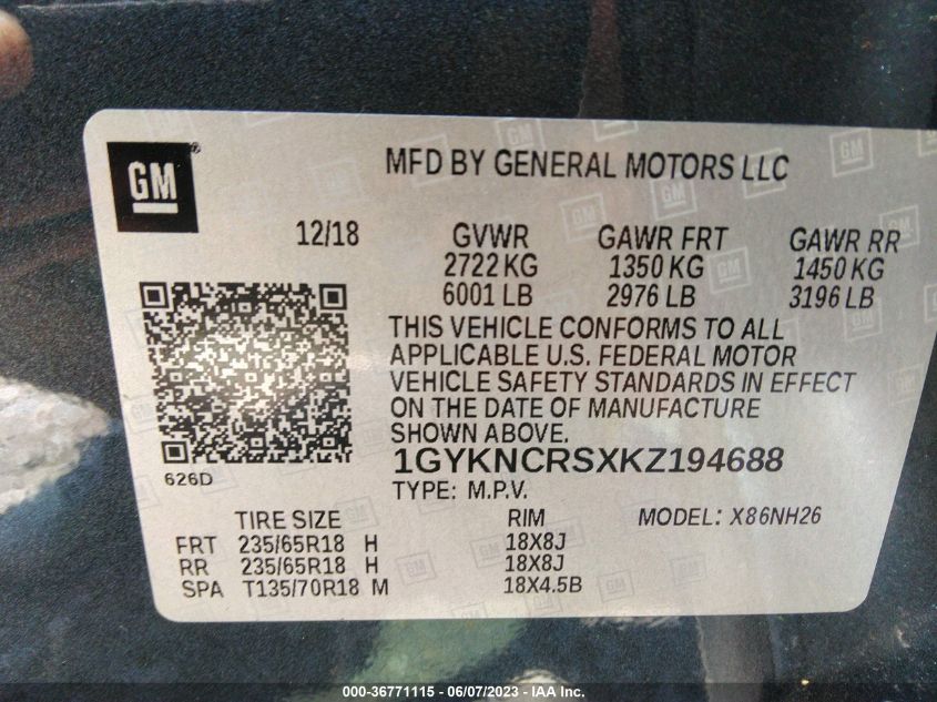 2019 CADILLAC XT5 LUXURY FWD - 1GYKNCRSXKZ194688