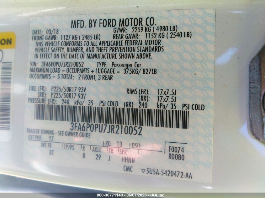 2018 FORD FUSION ENERGI SE - 3FA6P0PU7JR210052