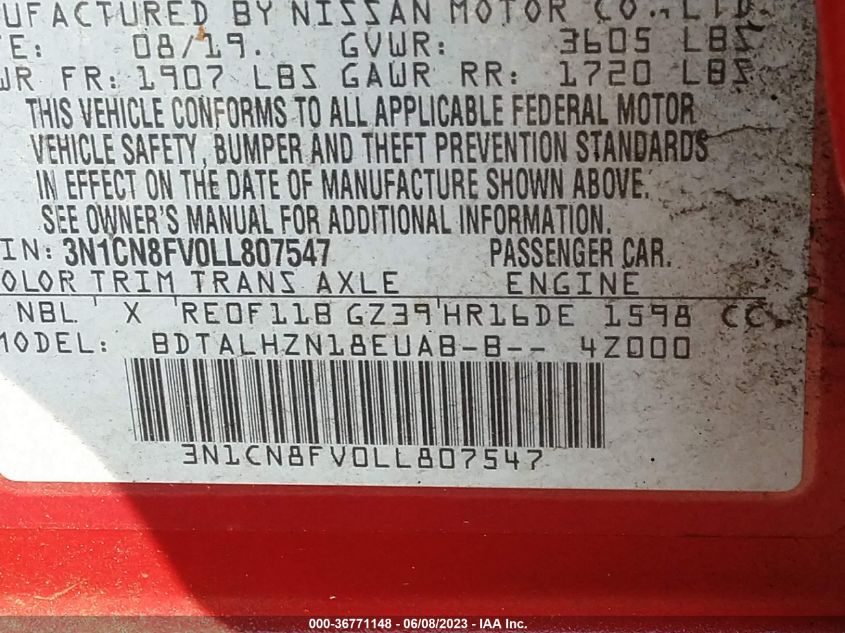 2020 NISSAN VERSA SR - 3N1CN8FV0LL807547