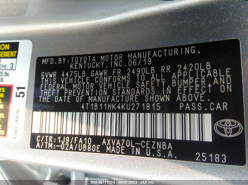 2019 TOYOTA CAMRY LE/SE/XLE/L - 4T1B11HK4KU271815