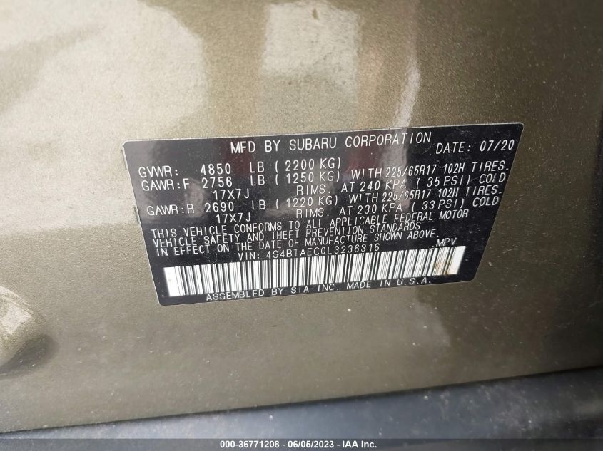 2020 SUBARU OUTBACK PREMIUM - 4S4BTAEC0L3236316