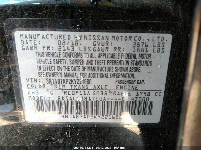 2019 NISSAN SENTRA SL - 3N1AB7AP2KY221680