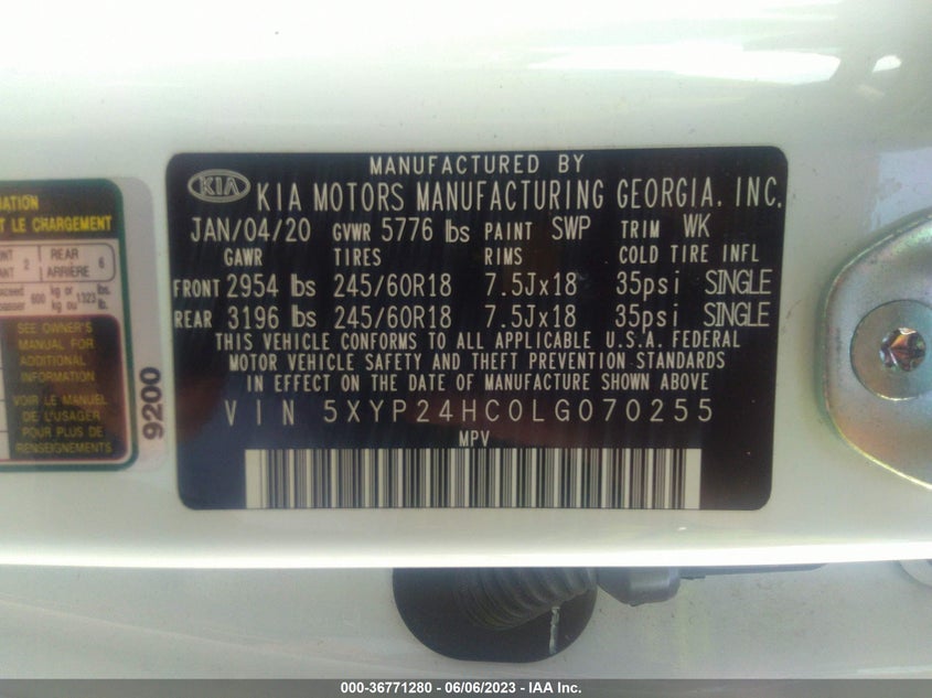 VIN 5XYP24HC0LG070255 2020 KIA TELLURIDE LX