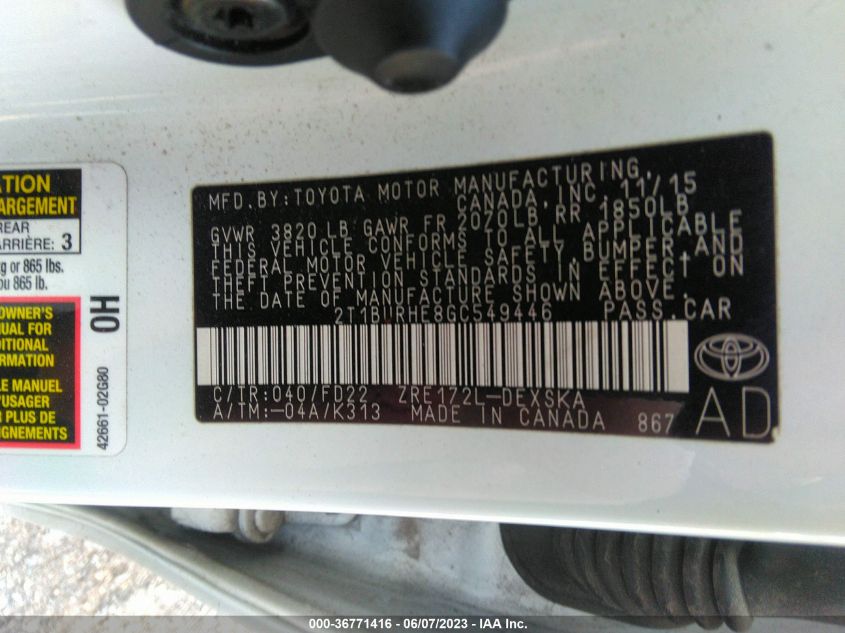 2016 TOYOTA COROLLA L/LE/S/S PLUS/LE PLUS - 2T1BURHE8GC549446