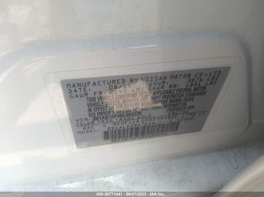 2019 NISSAN SENTRA SV - 3N1AB7AP4KL604226