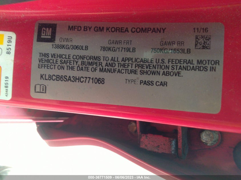 VIN KL8CB6SA3HC771068 2017 CHEVROLET SPARK LS
