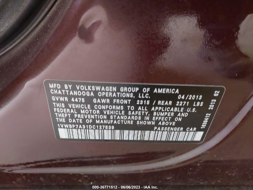 2013 VOLKSWAGEN PASSAT SE - 1VWBP7A31DC127539