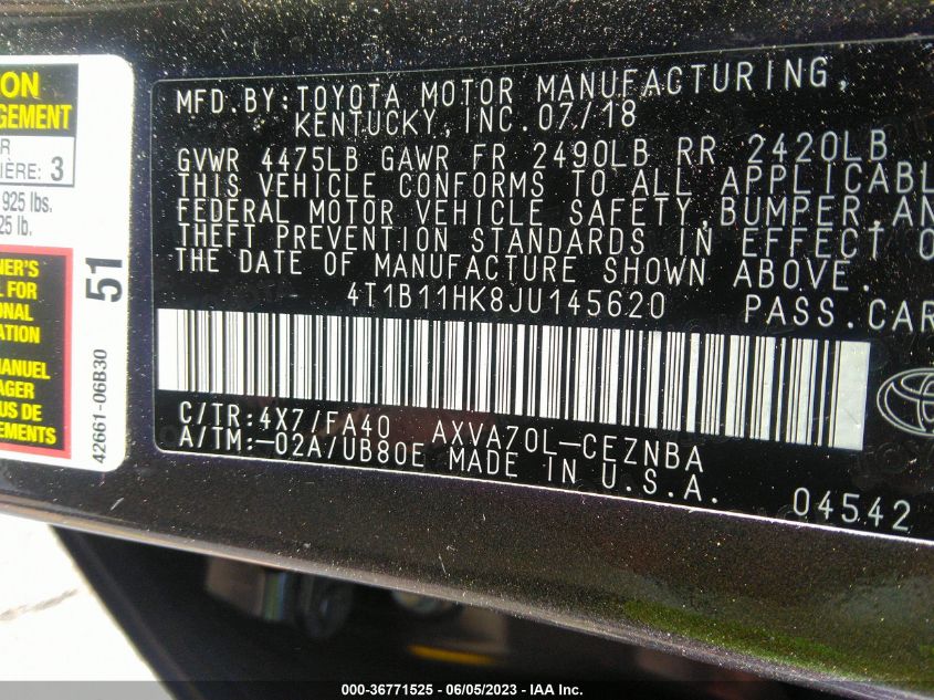 2018 TOYOTA CAMRY LE/SE/XLE/L - 4T1B11HK8JU145620