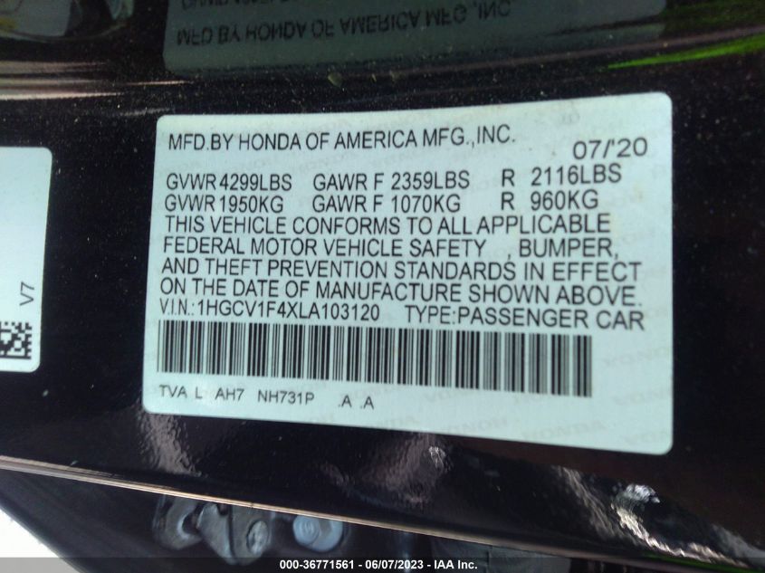 2020 HONDA ACCORD SEDAN EX - 1HGCV1F4XLA103120