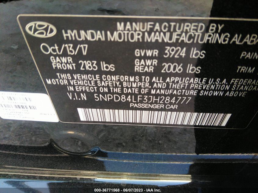 2018 HYUNDAI ELANTRA SEL - 5NPD84LF3JH284777