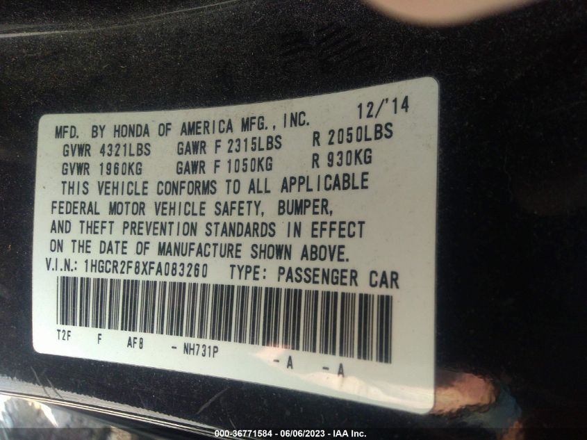 2015 HONDA ACCORD SEDAN EX-L - 1HGCR2F8XFA083260
