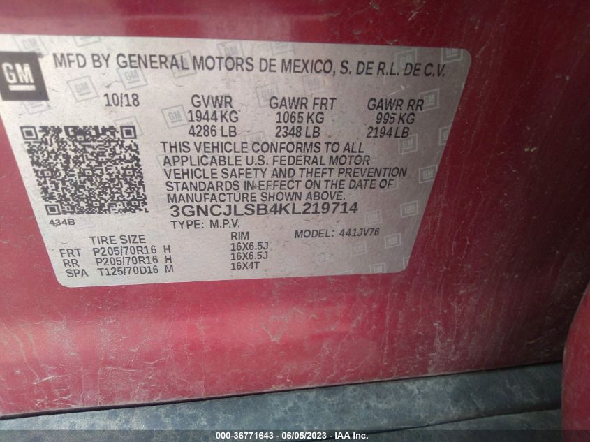2019 CHEVROLET TRAX LT - 3GNCJLSB4KL219714