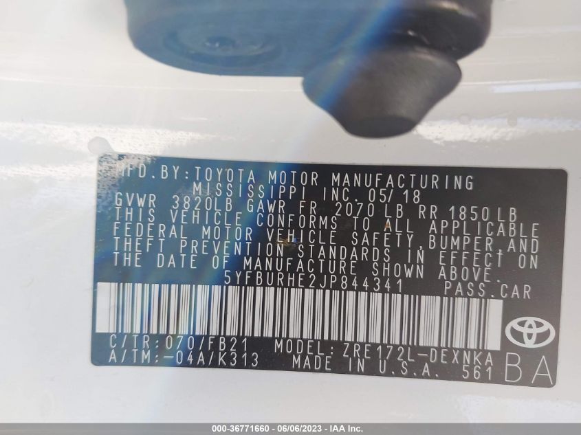 2018 TOYOTA COROLLA L/LE/XLE/SE/XSE - 5YFBURHE2JP844341
