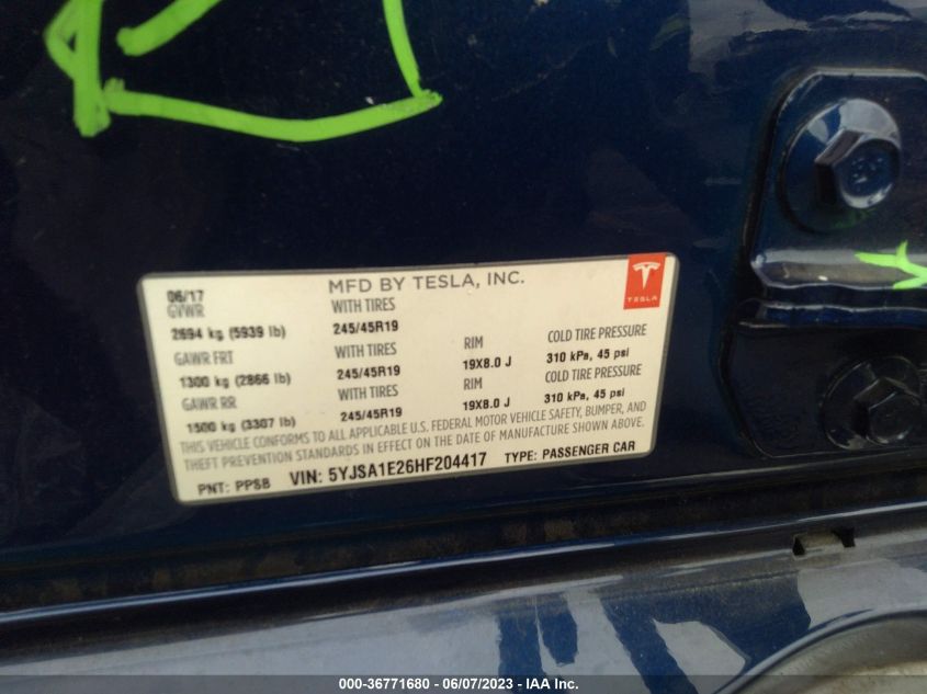 2017 TESLA MODEL S 100D/90D/75D/60D/P100D - 5YJSA1E26HF204417