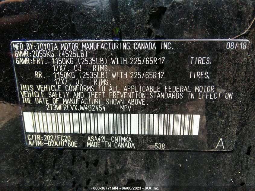 2018 TOYOTA RAV4 XLE/ADVENTURE - 2T3WFREVXJW492454