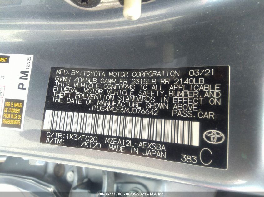 2021 TOYOTA COROLLA SE/NIGHT SHADE - JTDS4MCE6MJ076642