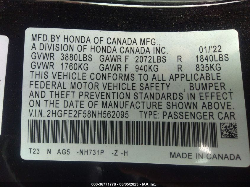 2022 HONDA CIVIC SEDAN SPORT - 2HGFE2F58NH562095