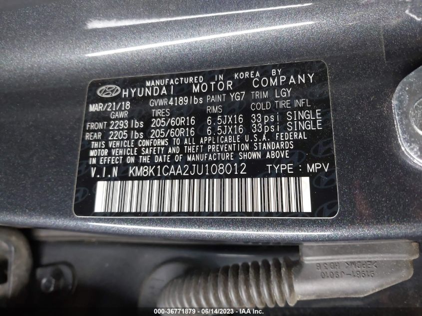 2018 HYUNDAI KONA SE - KM8K1CAA2JU108012