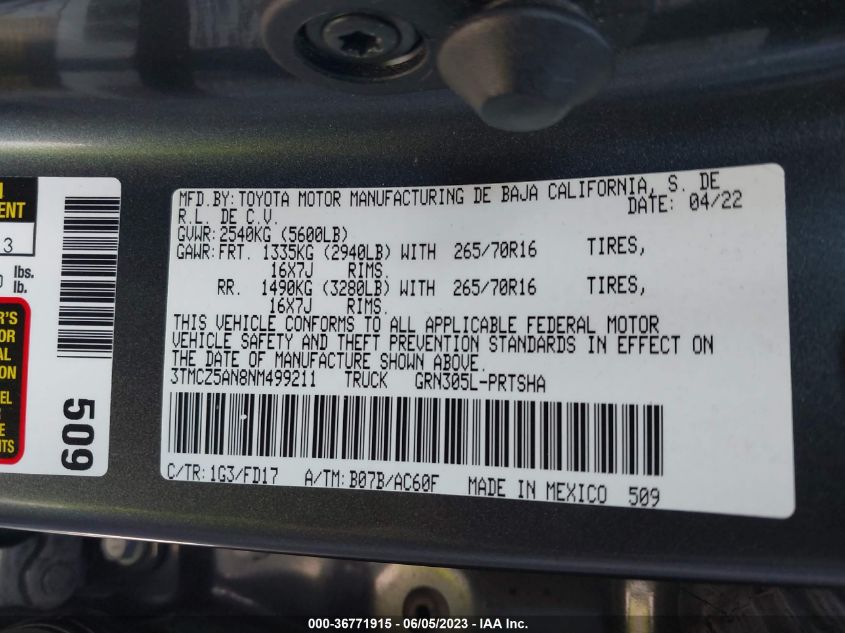 2022 TOYOTA TACOMA 4WD SR/SR5/TRD SPORT - 3TMCZ5AN8NM499211