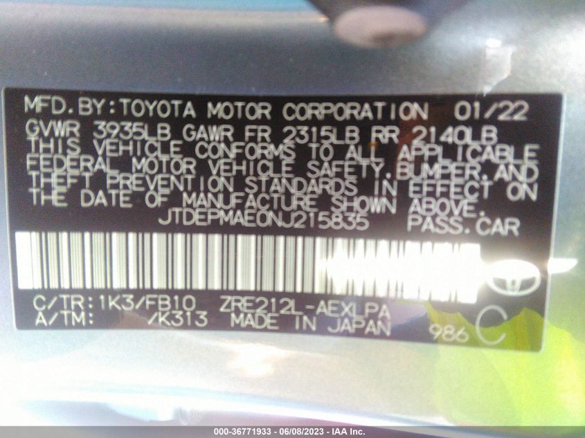 2022 TOYOTA COROLLA LE - JTDEPMAE0NJ215835