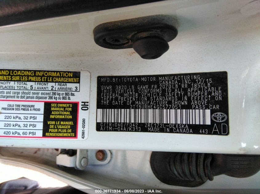 2016 TOYOTA COROLLA L/LE/S/S PLUS/LE PLUS - 2T1BURHE1GC679407