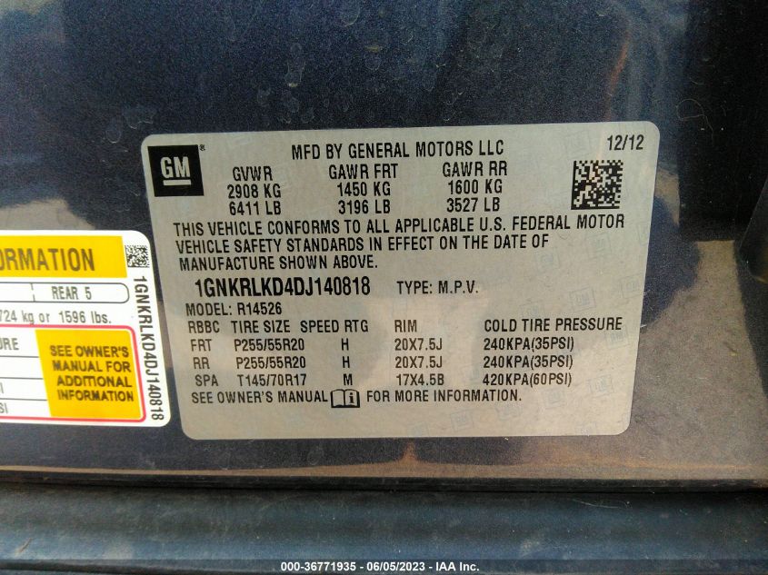 2013 CHEVROLET TRAVERSE LTZ - 1GNKRLKD4DJ140818