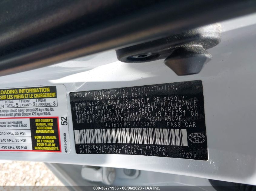 2018 TOYOTA CAMRY LE/SE/XLE/L - 4T1B11HK7JU123978