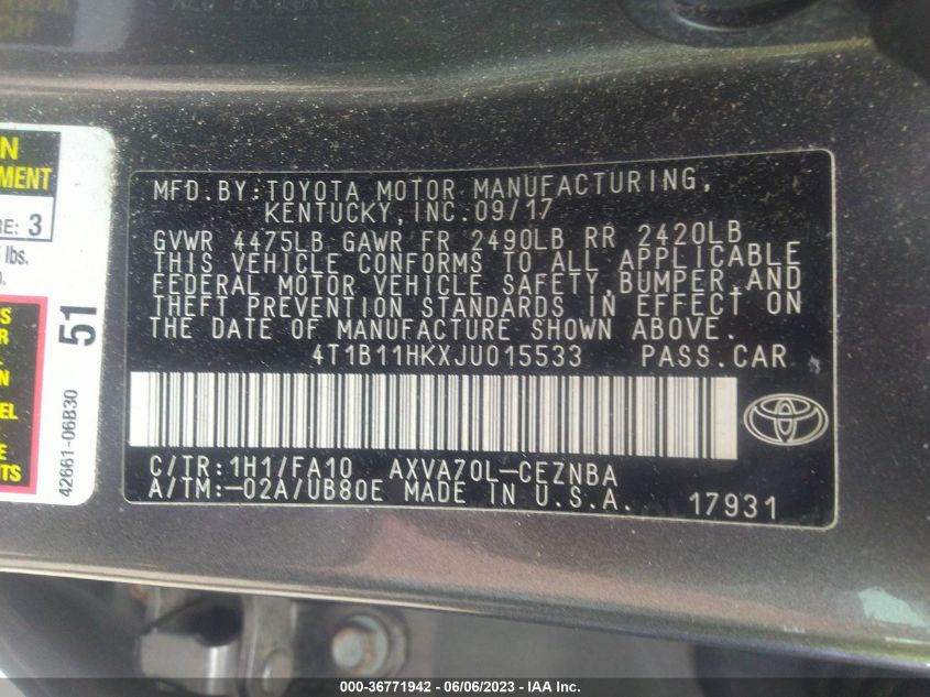 2018 TOYOTA CAMRY L/LE/XLE/SE/XSE - 4T1B11HKXJU015533