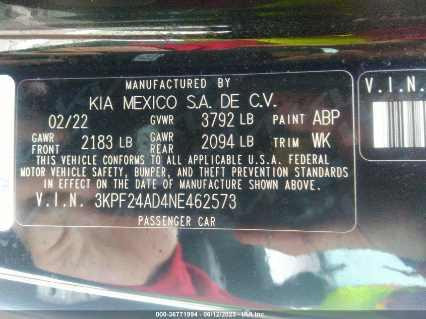 2022 KIA FORTE LXS - 3KPF24AD4NE462573