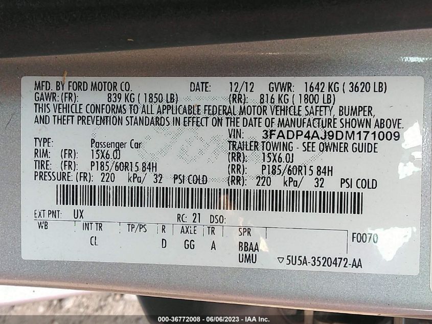 2013 FORD FIESTA S - 3FADP4AJ9DM171009